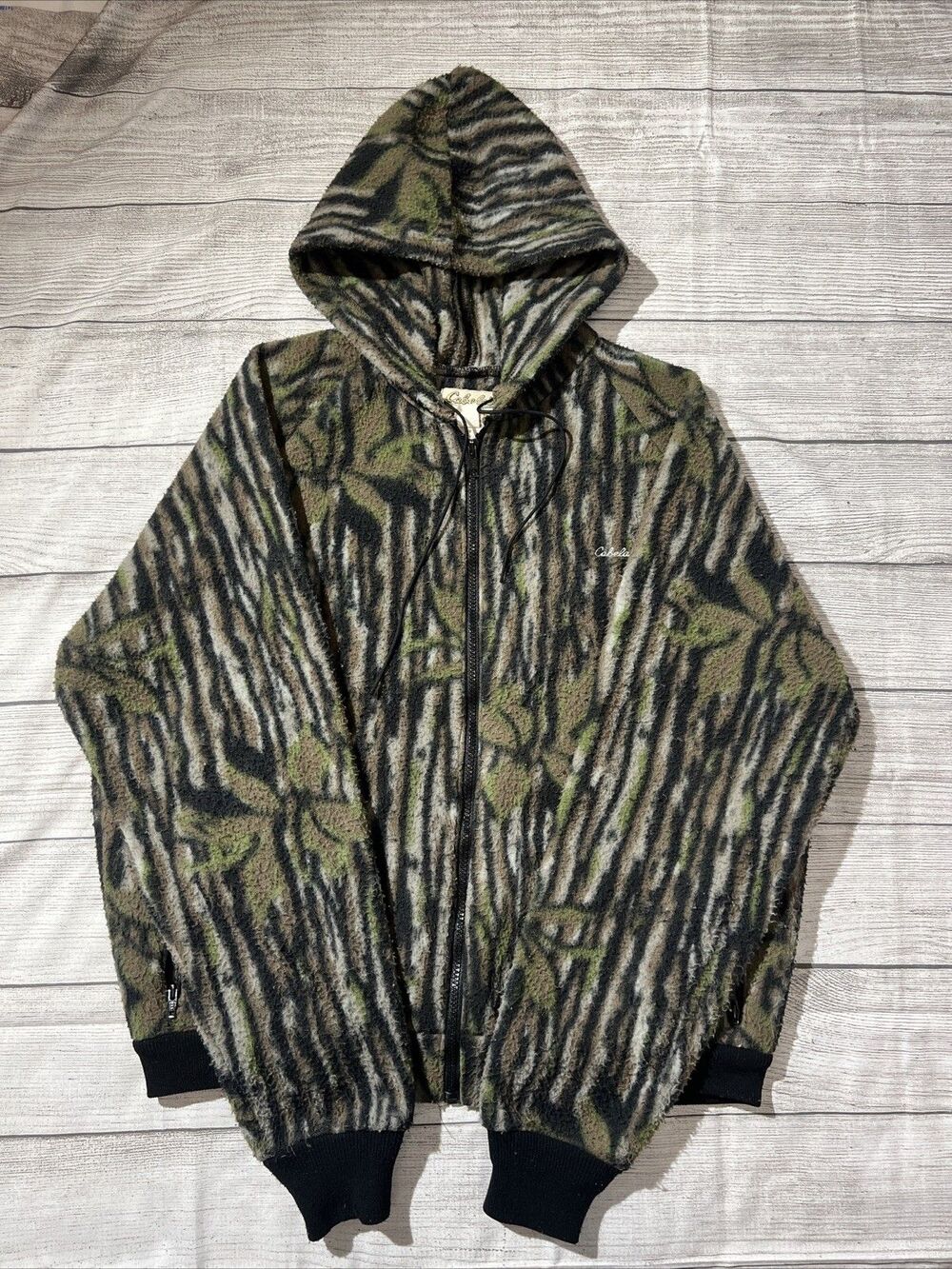 Vtg Cabela's Fleece Jacket Tree Bark Camo Hunting Super Slam USA 90s W/Hood